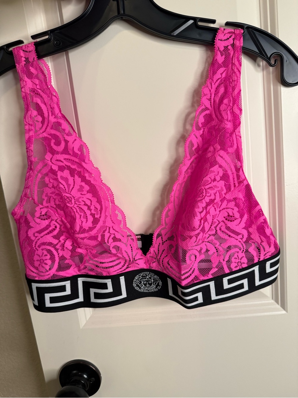 Versace Hot Pink Lace Bralette with Signature Greek Key Band